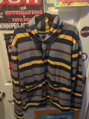Obey Propaganda Men's Cardigan Sweater Striped Yellow Cotton Button Size Large